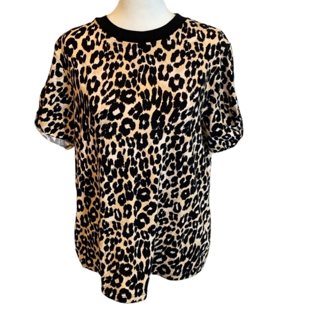 TOPSHOP leopard print short-sleeve tee. Sz 12.  Rolled sleeves. Black/tan.